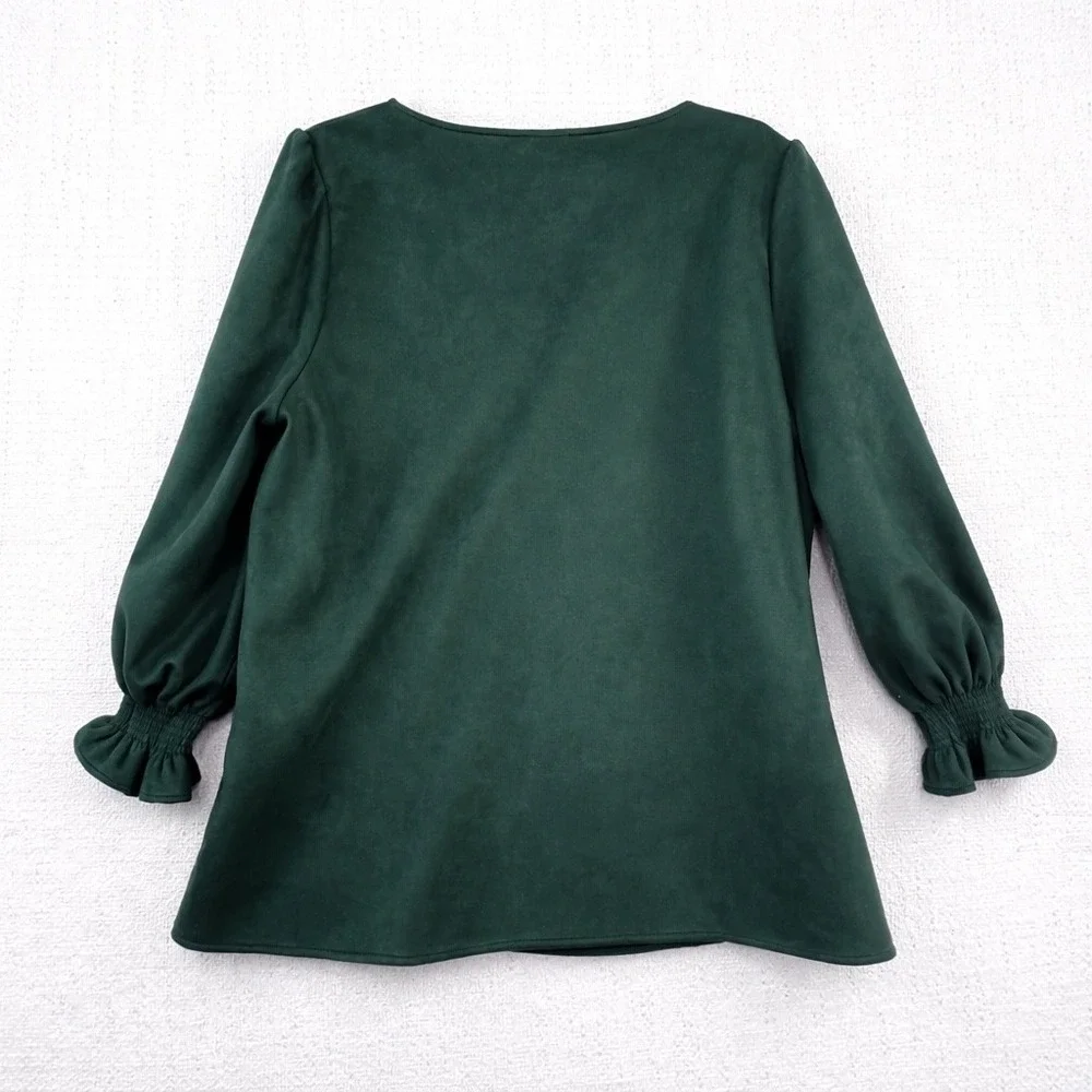 Tuckernuck Women's Green Faux Suede Blouse V Neck Puff Sleeve Tunic‎ XXL